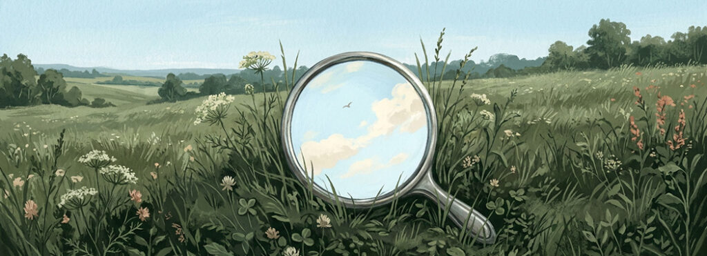 Illustration of a small round hand mirror lying face up in shaded grass, its glass reflecting bright open sky