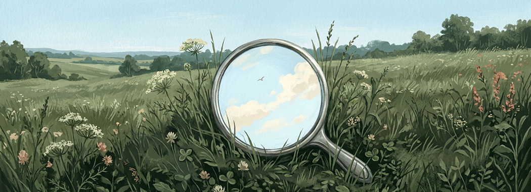 Illustration of a small round hand mirror lying face up in shaded grass, its glass reflecting bright open sky