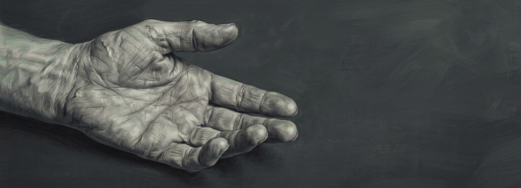 Illustration of a single weathered older hand resting open on a dark surface, its veins, lines, and scars clearly visible
