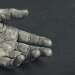 Illustration of a single weathered older hand resting open on a dark surface, its veins, lines, and scars clearly visible