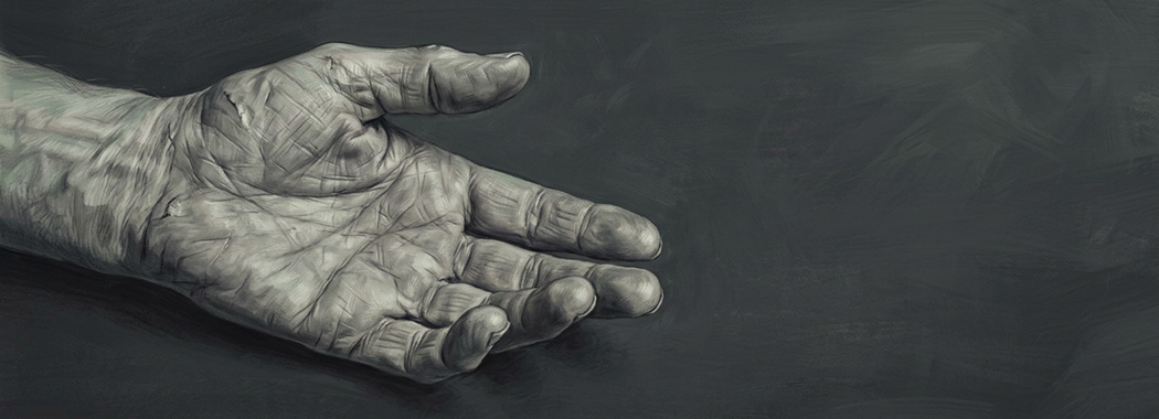 Illustration of a single weathered older hand resting open on a dark surface, its veins, lines, and scars clearly visible