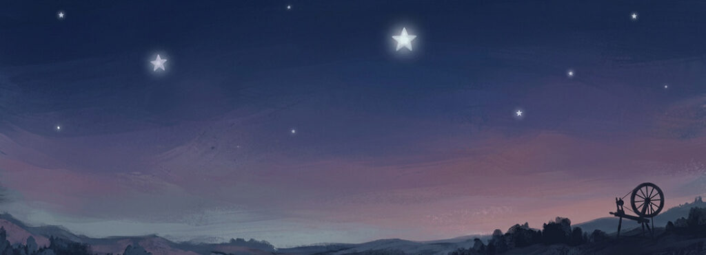 Illustration of seven small stars in a deep twilight sky, two brighter than the rest, a faint spinning-wheel silhouette on the horizon