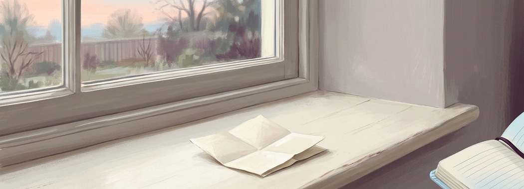 Illustration of a folded paper note on a pale windowsill in early morning light with an open notebook nearby