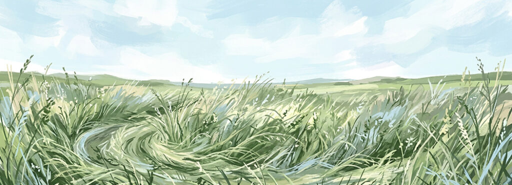 Illustration of tall summer grass bent and tangled as if something just rolled through it, under a wide open sky