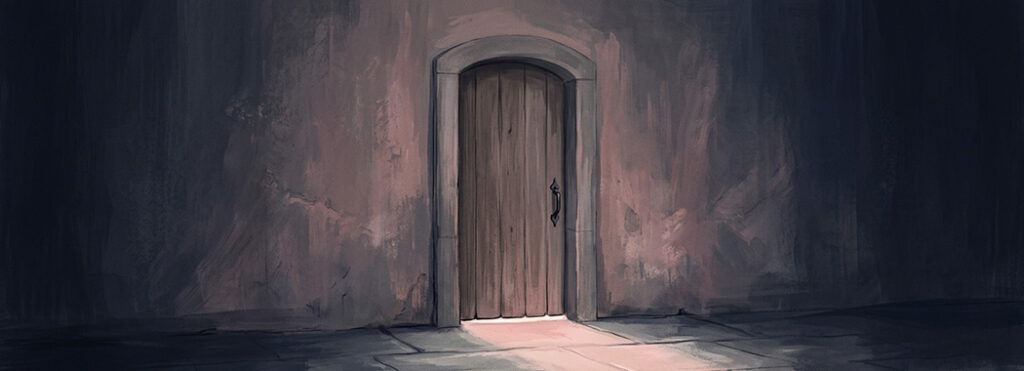 Illustration of a plain closed door in a bare wall with light spilling from the narrow gap beneath it