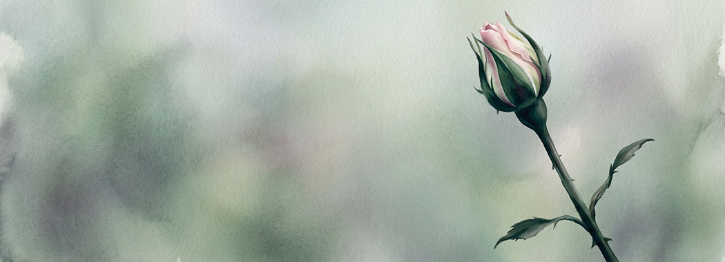 Illustration of a single tightly furled rose bud on its stem, petals just beginning to loosen, in cool morning light