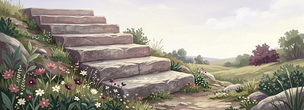 Illustration of seven shallow stone steps ascending toward open sky with wildflowers at the base