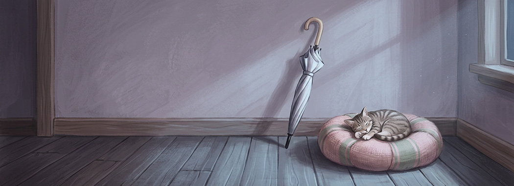 Illustration of a closed umbrella leaning beside a cushion where a cat sleeps, in pale moonlight on a wooden floor