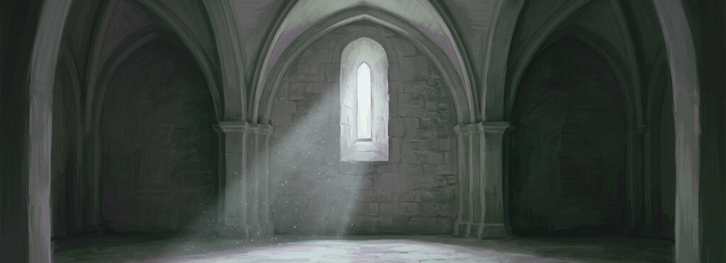 Illustration of a shaft of pale light falling through a high narrow window onto a bare stone floor