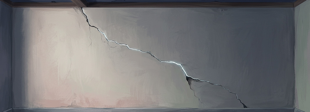 Illustration of a pale plaster wall with a fine zigzag crack, a thin line of cool daylight showing through it