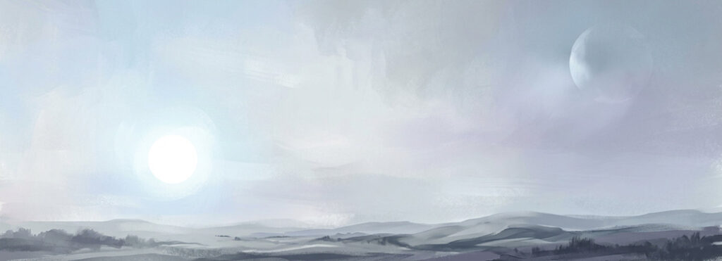 Illustration of a bright sun and a pale misted moon sharing a single wide sky over a thin band of landscape