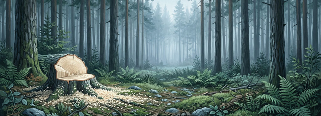 Illustration of a misty pine forest clearing at dawn with a freshly cut stump and pale sawdust scattered at its base