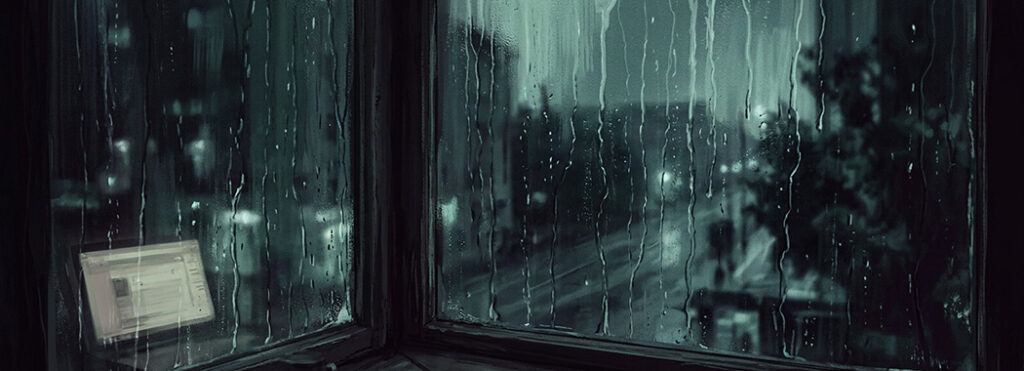 Illustration of a rain-streaked window at night with the faint reflection of a laptop screen in the glass