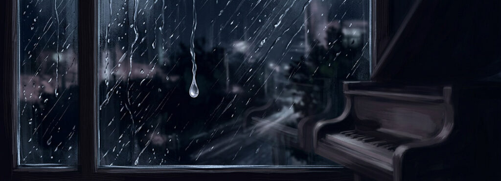 Illustration of a rain-streaked window at night with a single droplet on the glass and piano keys faintly reflected below