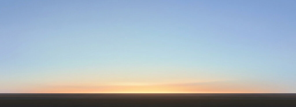 Illustration of an empty sky at sunrise with a low flat horizon and first light breaking along it.