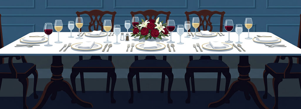Illustration of a formal dinner table seen from the side, orderly above the table edge and dark in the shadowed space beneath.