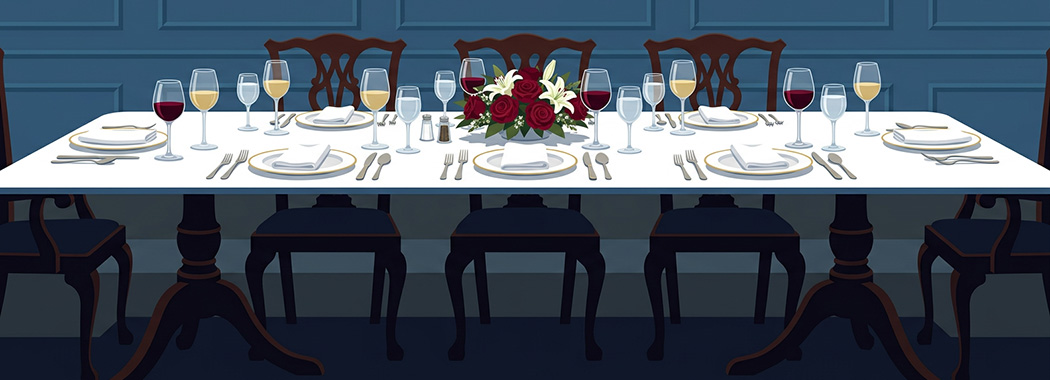 Illustration of a formal dinner table seen from the side, orderly above the table edge and dark in the shadowed space beneath.