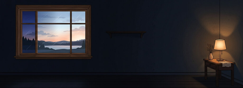 Illustration of a dark bedroom with pre-dawn light at the window and a small lamp still burning on the nightstand.