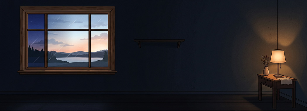 Illustration of a dark bedroom with pre-dawn light at the window and a small lamp still burning on the nightstand.