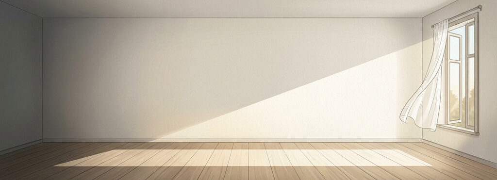 Illustration of light entering through a tall open window and spreading across a bare floor into the darkest corner of the room.