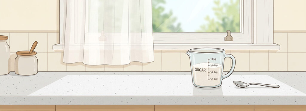 Illustration of a glass measuring cup of sugar and a teaspoon on a sunlit kitchen counter beside a half-drawn sheer curtain.
