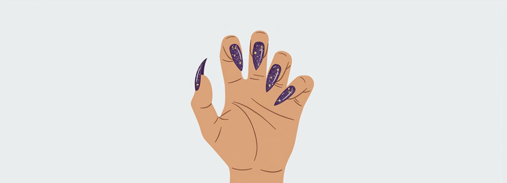 Illustration of an open hand seen from above with long pointed glittered nails curving inward toward the palm.