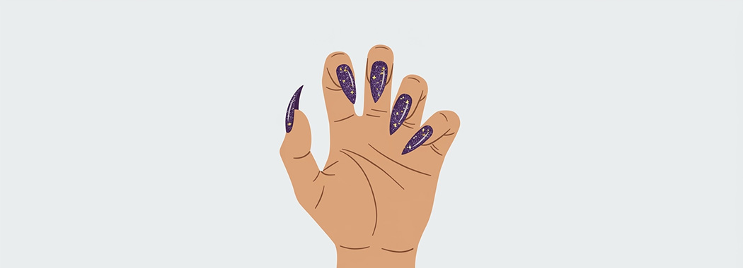 Illustration of an open hand seen from above with long pointed glittered nails curving inward toward the palm.
