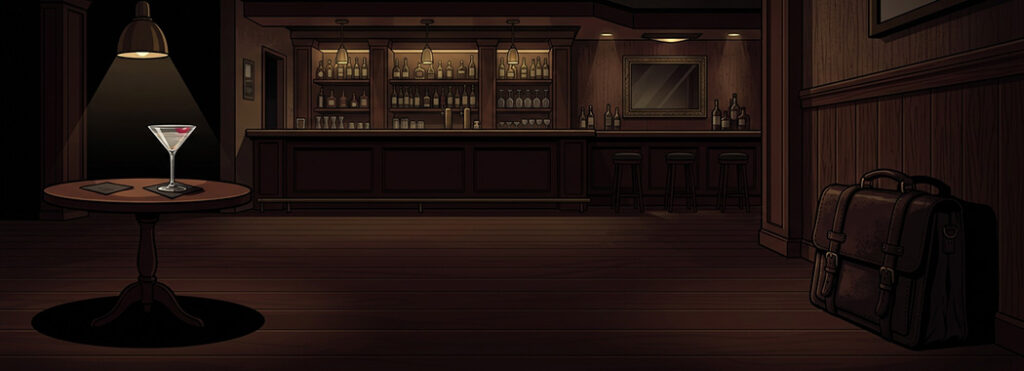 Illustration of a dim bar with a martini glass marked by lipstick on one side and an abandoned leather briefcase on the other.