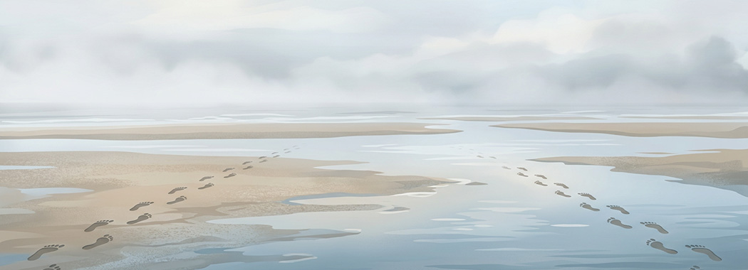 Illustration of two sets of footprints crossing a wet sandbar from opposite directions, both dissolving into shallow water before they meet.