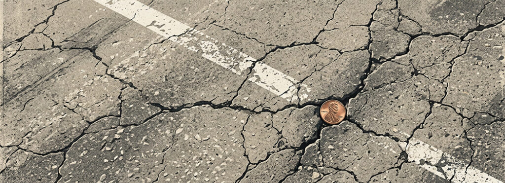 Illustration of sun-bleached cracked asphalt with a faded painted parking line and a single copper penny resting in a crack.