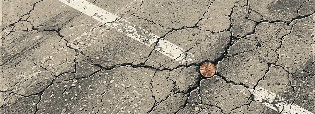 Illustration of sun-bleached cracked asphalt with a faded painted parking line and a single copper penny resting in a crack.