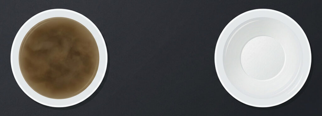 Overhead illustration of two white bowls on a dark surface, one holding cloudy broth and the other holding clear broth.