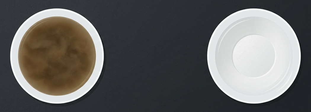 Overhead illustration of two white bowls on a dark surface, one holding cloudy broth and the other holding clear broth.