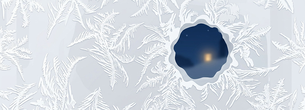 Illustration of a frosted window pane with one circular patch melted clear, showing dark winter blue and a faint distant glow beyond.