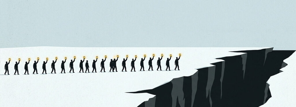 Illustration of a line of small dark figures walking single file across a glacier toward the edge, each holding a raised phone.