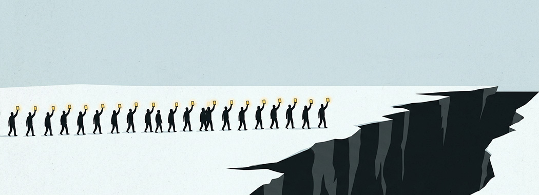 Illustration of a line of small dark figures walking single file across a glacier toward the edge, each holding a raised phone.