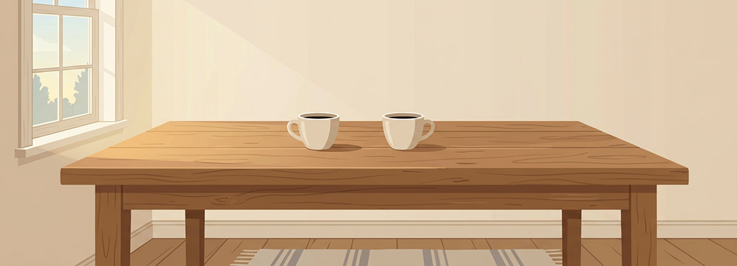 Illustration of two empty coffee cups on a plain kitchen table in cool early morning light.