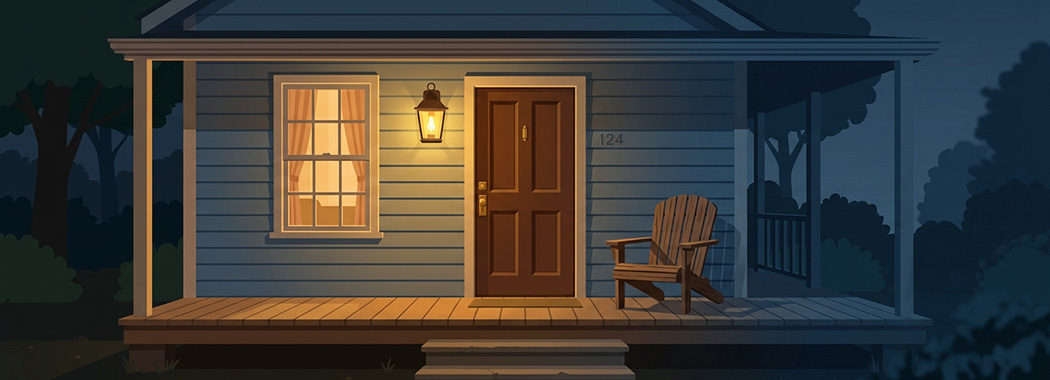 Illustration of a house front at night, warmly lit on the left and fading into cold blue-grey toward the right.