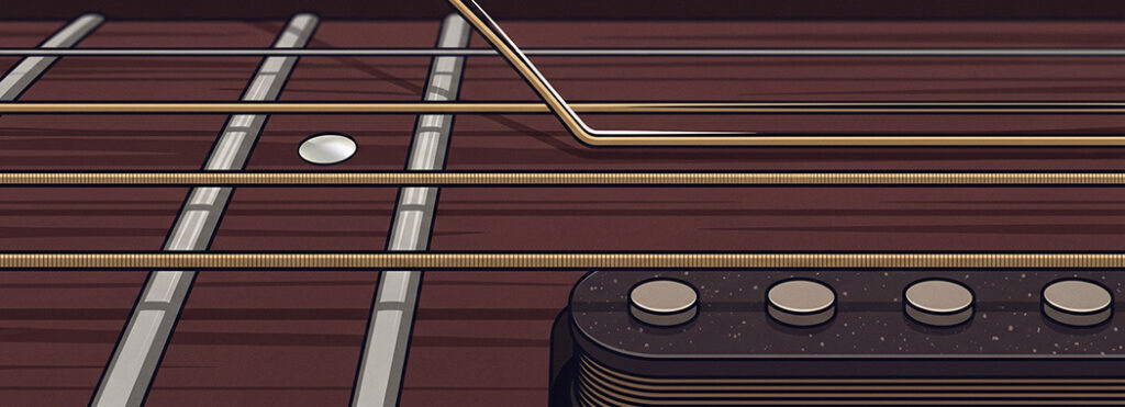 Close-up illustration of guitar strings running horizontally with one string bent sharply out of alignment.
