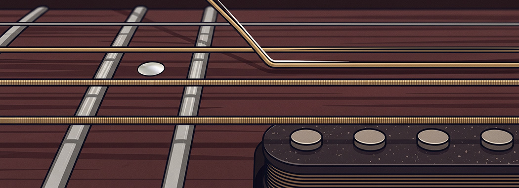 Close-up illustration of guitar strings running horizontally with one string bent sharply out of alignment.